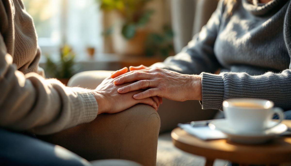 An adult child's hand resting gently on an elderly parent's hand beside a cup of tea