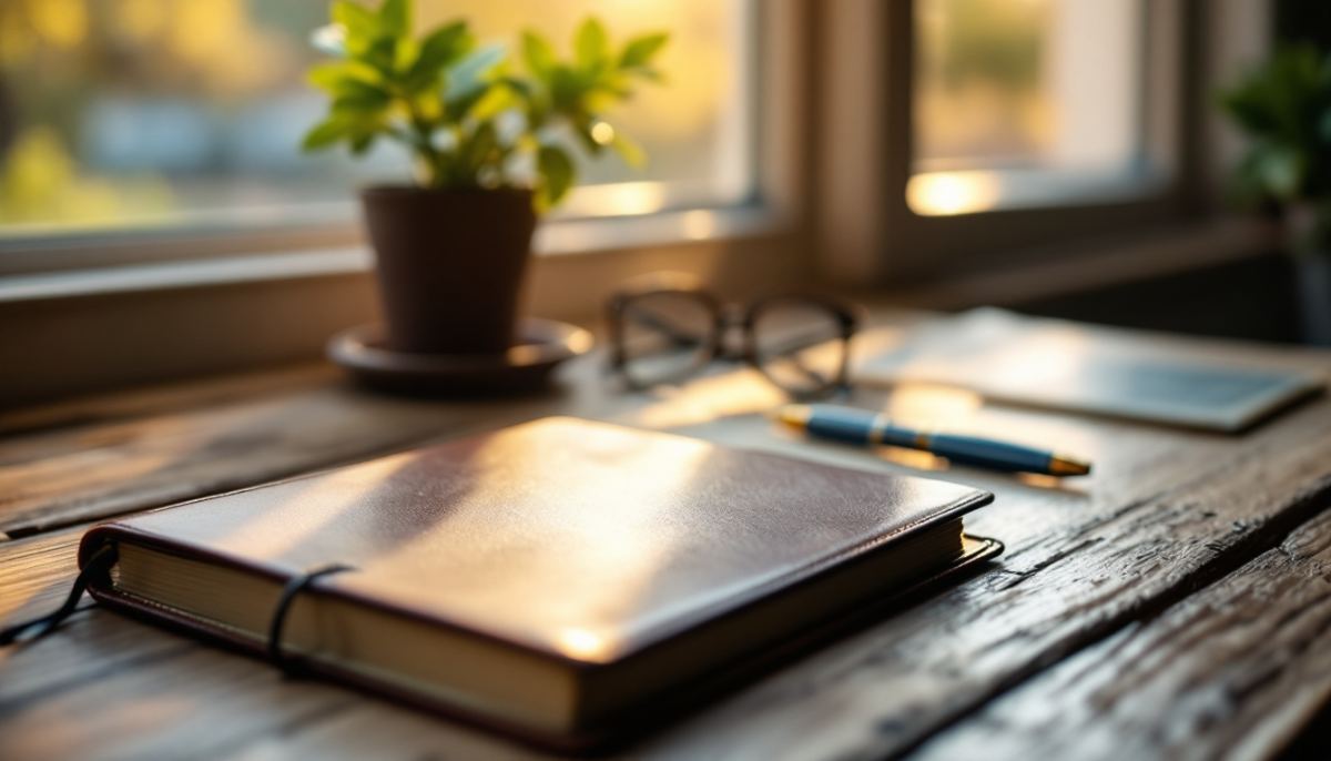 A leather notebook, pen and reading glasses on a sunlit desk